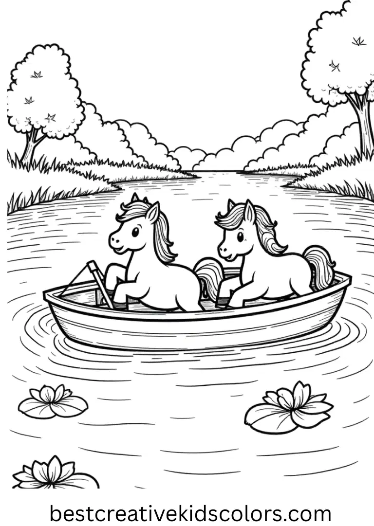 Ponies sail tiny boats in a shimmering pond in My little pony printable coloring pages disney.