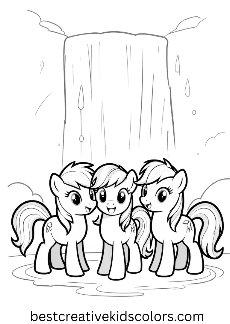 My little pony printable coloring pages pdf shows ponies splashing in a sparkling waterfall.