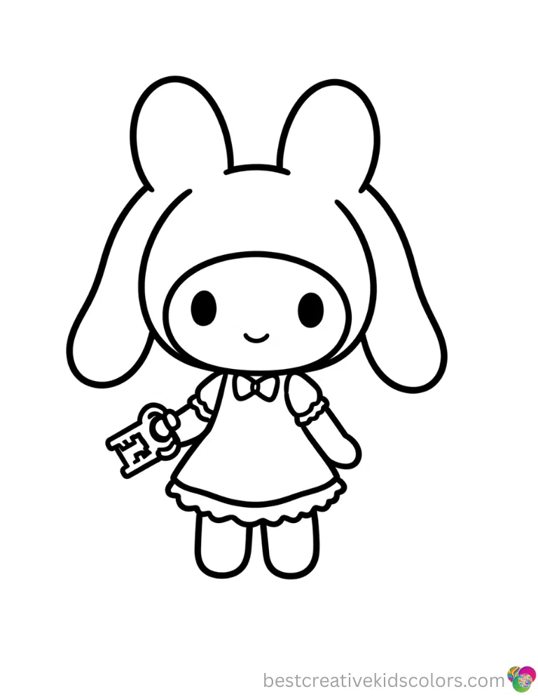 My melody sanrio coloring pages brightly shows My Melody carrying a single metal key.