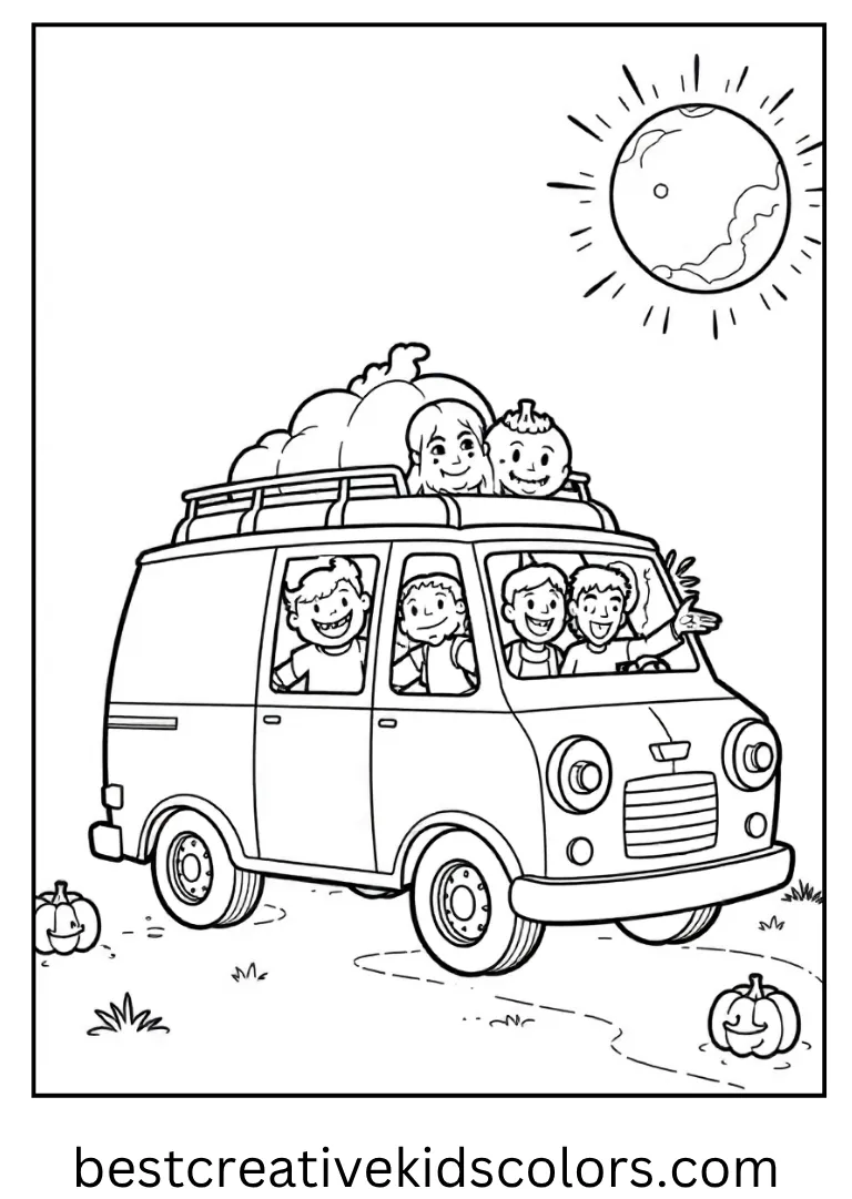 The gang waves from the van under a full moon.