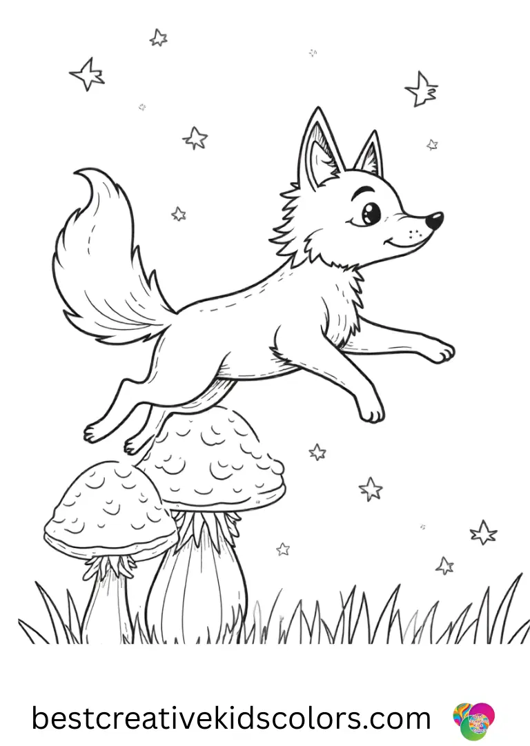 Children can color a fox leaping across glowing mushrooms in Mystical spirit fox in the moonlight coloring pages free.