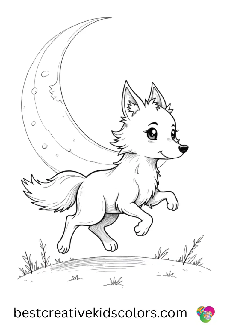 Mystical spirit fox in the moonlight coloring pages pdf shows a fox chasing glowing fireflies.