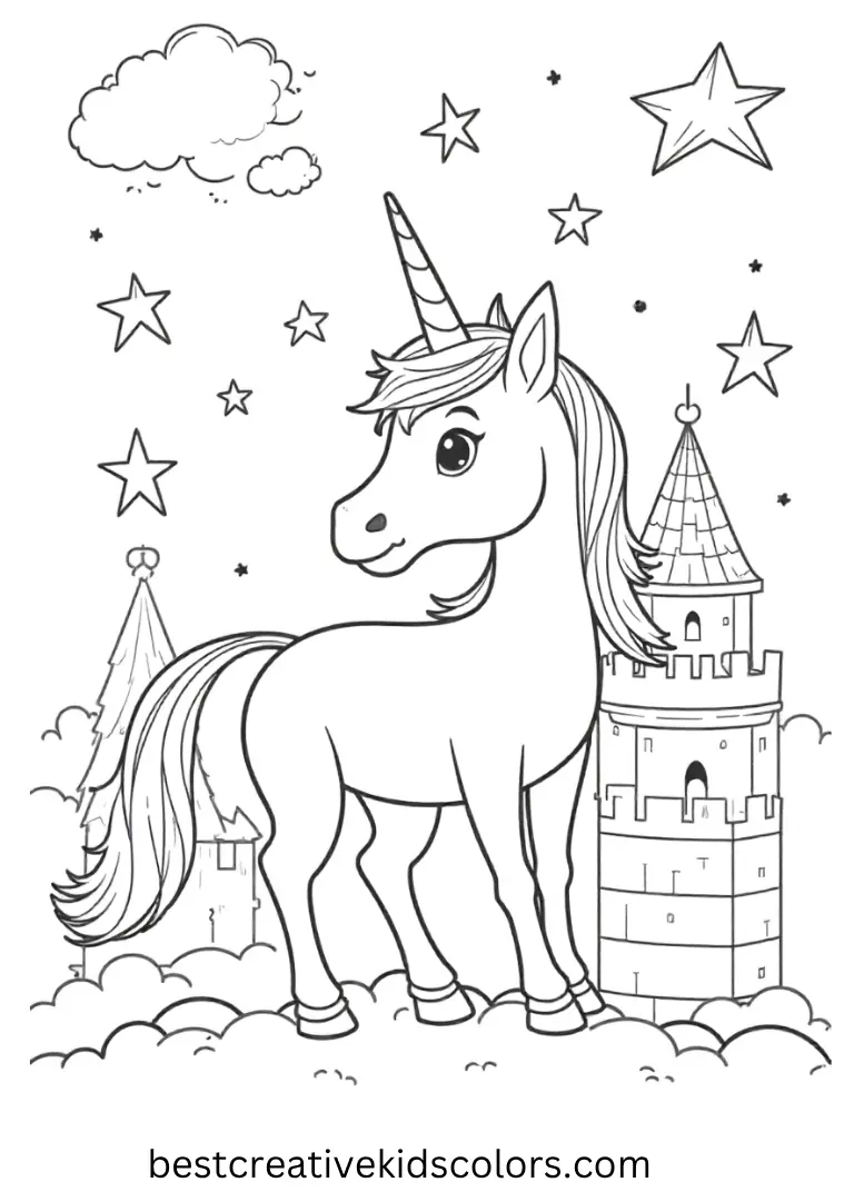 A unicorn gazes at sparkling stars over a castle rooftop — a simple, magical Unicorn Coloring Page for imaginative coloring.
