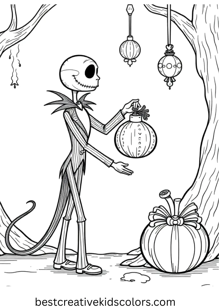 Nightmare Before Christmas Printable decorations Nightmare Before Christmas Printable decorations shows Jack placing ornaments on a flat line with open space.