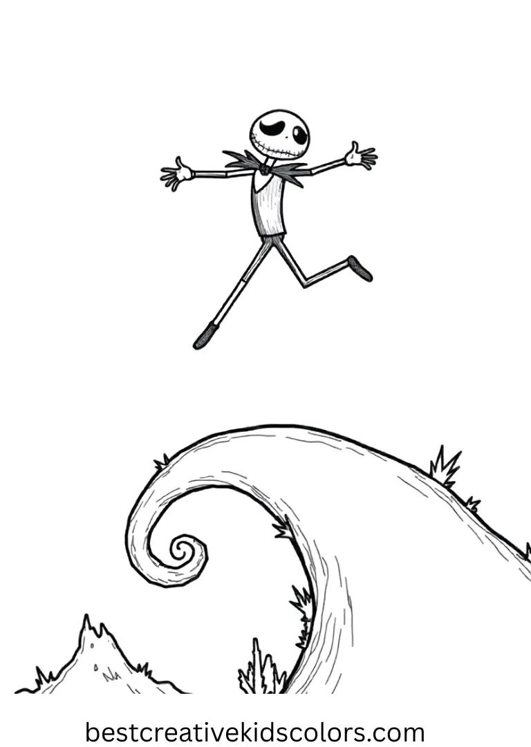 Nightmare before christmas coloring page Nightmare before christmas coloring page free shows Jack leaping joyfully on a blank hill, very kid-friendly.