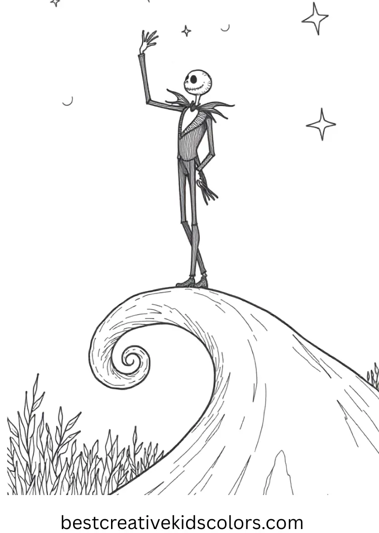 Nightmare before christmas coloring pages pdf Nightmare before christmas coloring pages pdf shows Jack waving high on a flat hill, stars above, simple background.