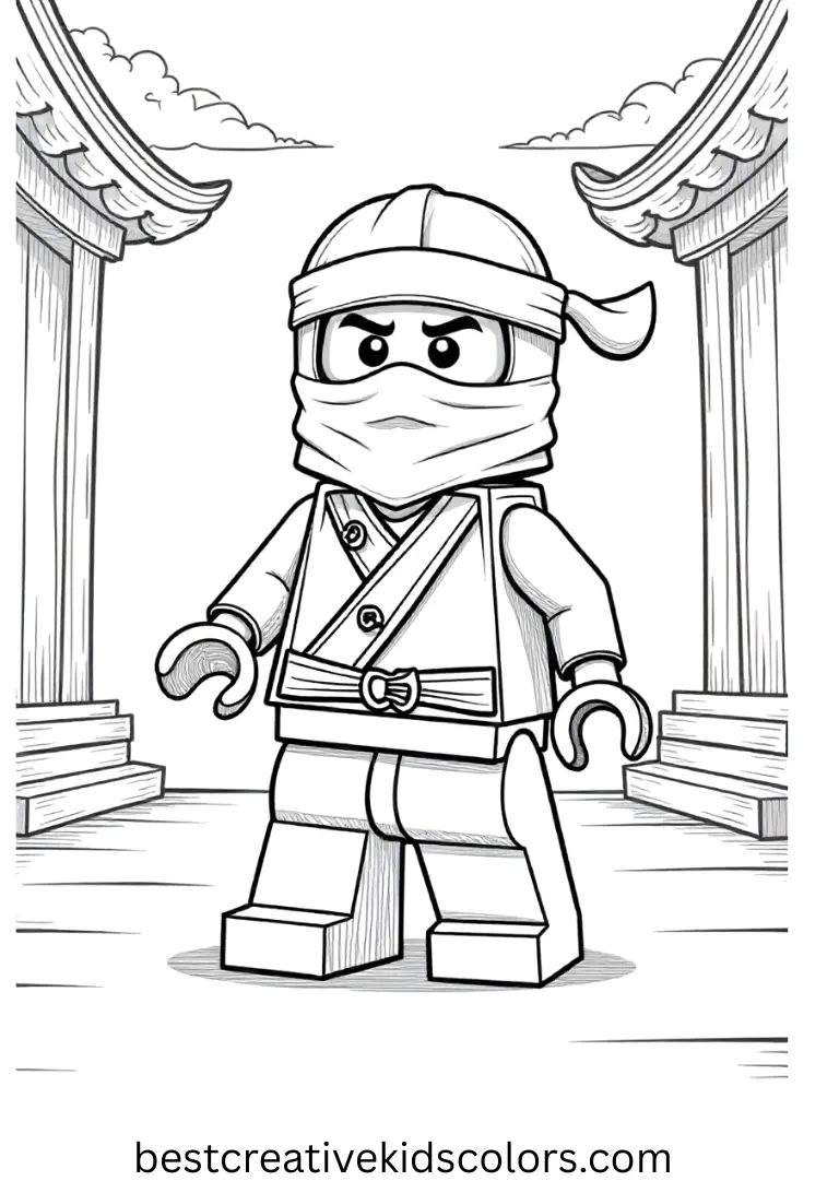 A ninja strikes a pose in Ninjago coloring pages set within a minimal, open dojo.