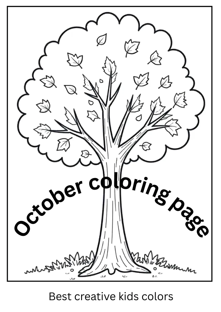 October Autumn Tree and Leaves Coloring Sheet