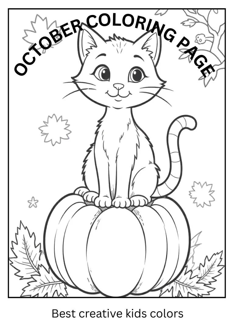 October Cat and Pumpkin Coloring Page