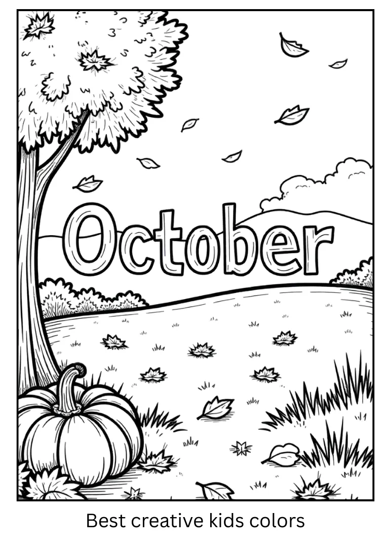 October Falling Leaves Scene Coloring Page
