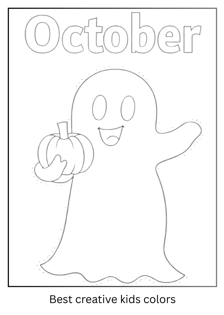 October Ghost with Pumpkin Coloring Outline