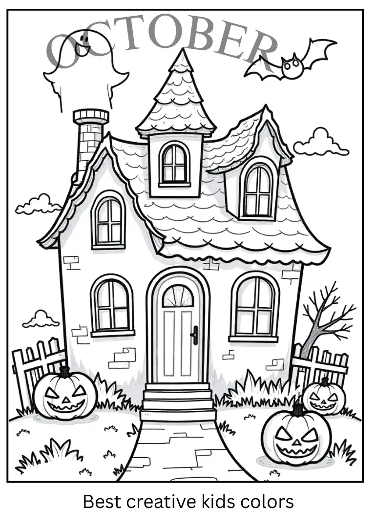 October Haunted House Characters Coloring Page