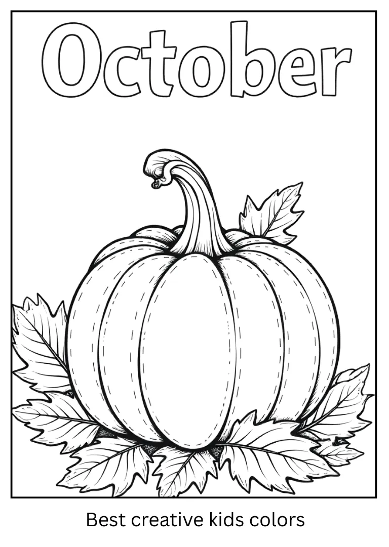 October Pumpkin with Leaves Coloring Outline
