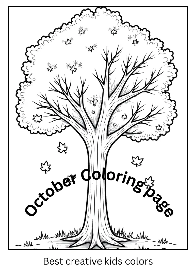 October Tree with Falling Leaves Coloring Page