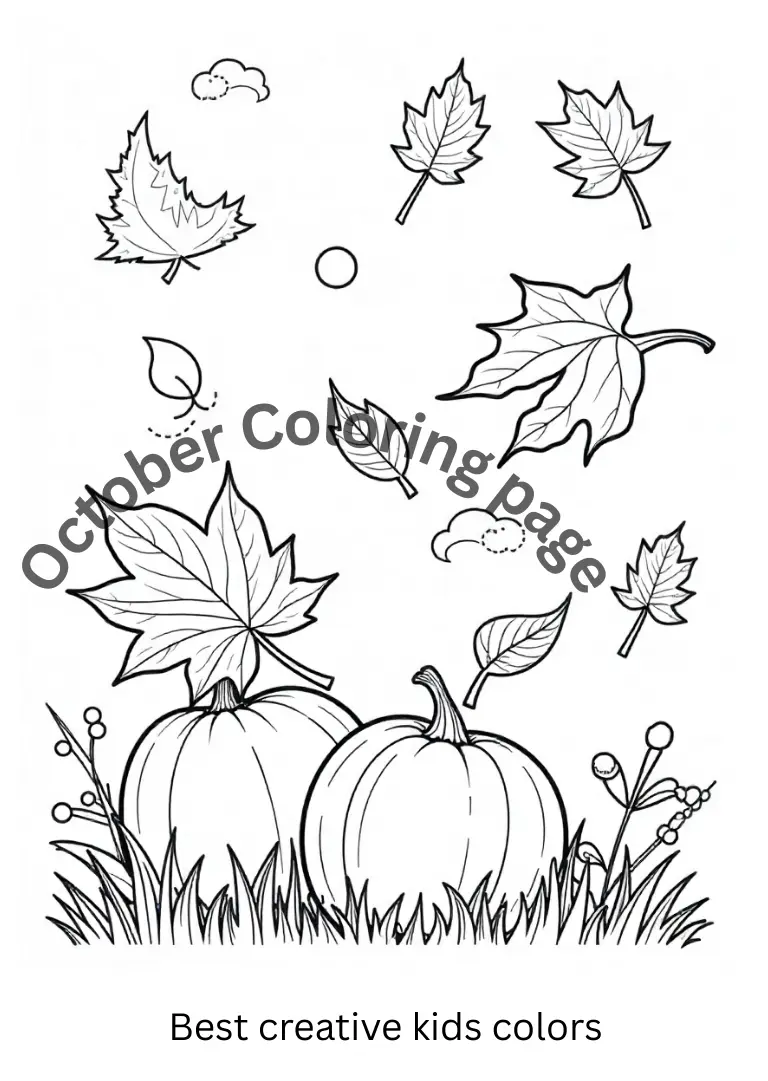 October Windy Leaves Coloring Outline