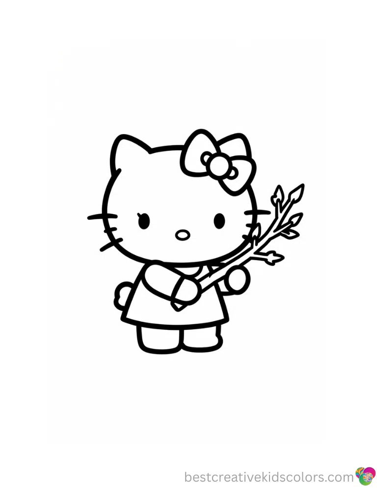 October hello kitty fall elegantly features Hello Kitty holding a thin fallen tree branch.
