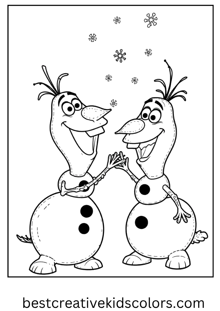 Elsa giggles while Olaf tries to catch falling snowflakes with his mouth.