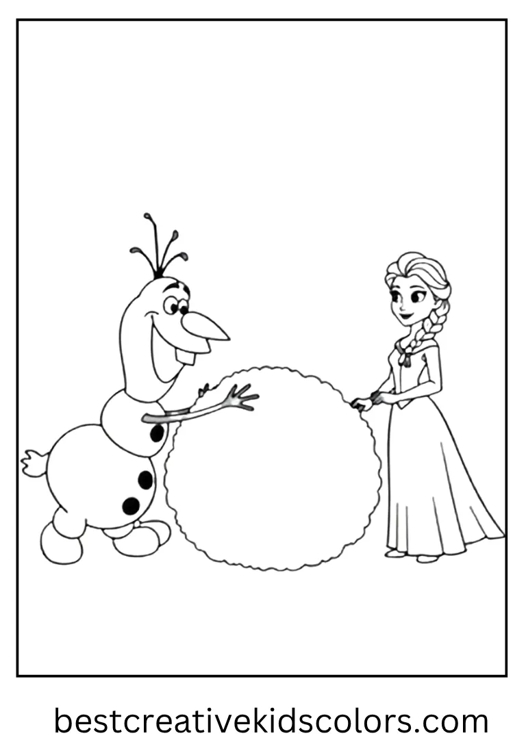 Olaf pushes a giant snowball while Elsa stands nearby impressed.