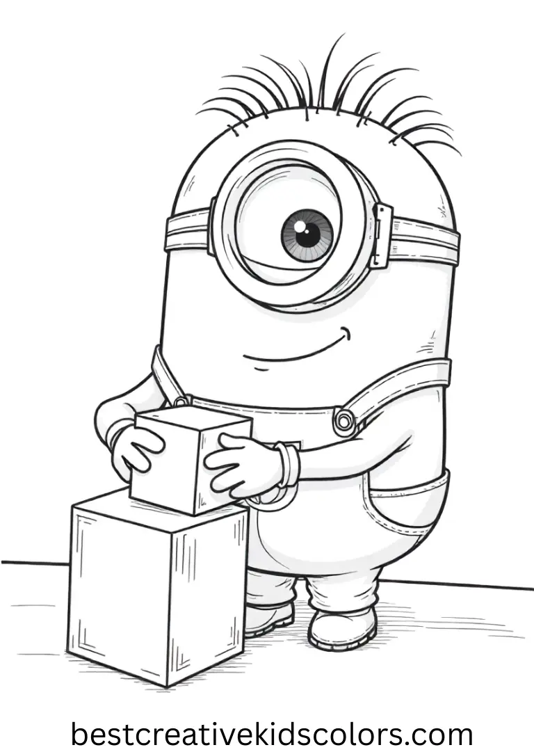 One eyed Minion coloring page shows him stacking soft cubes carefully on a clear tabletop