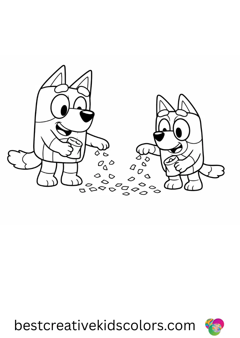 Outline bluey and bingo outline drawing online features the sisters sprinkling tiny paper petals across the floor.