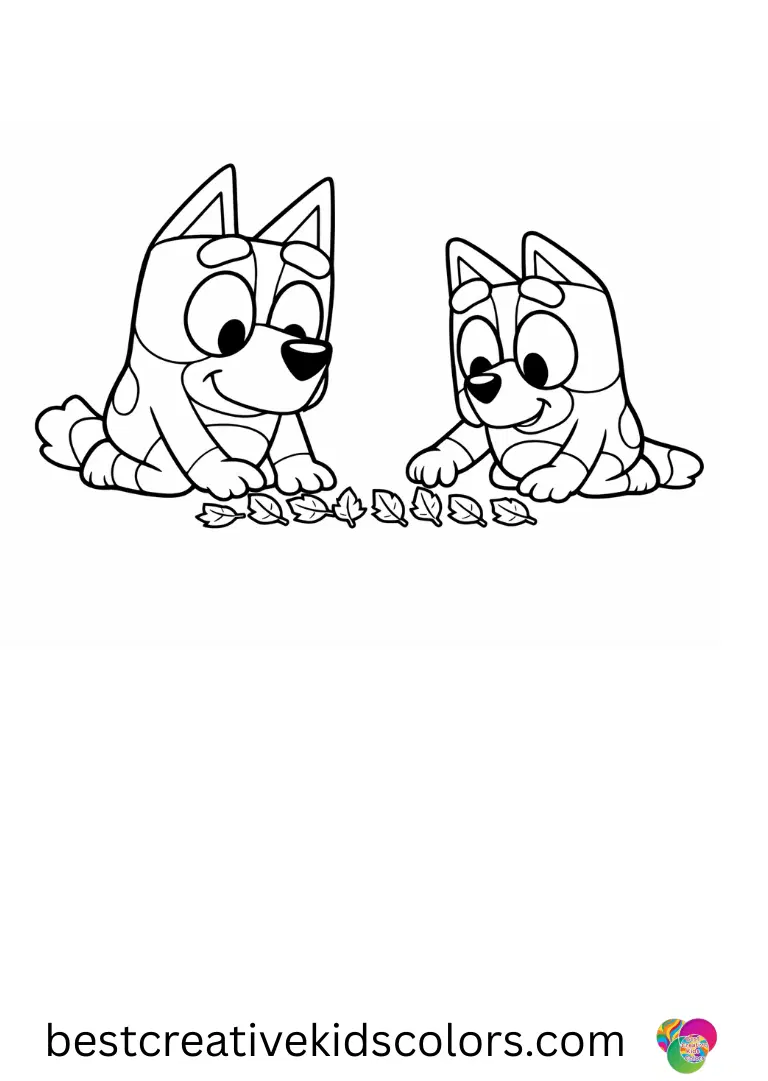 Outline bluey and bingo outline drawing pdf free shows the sisters lining up miniature felt leaves carefully.