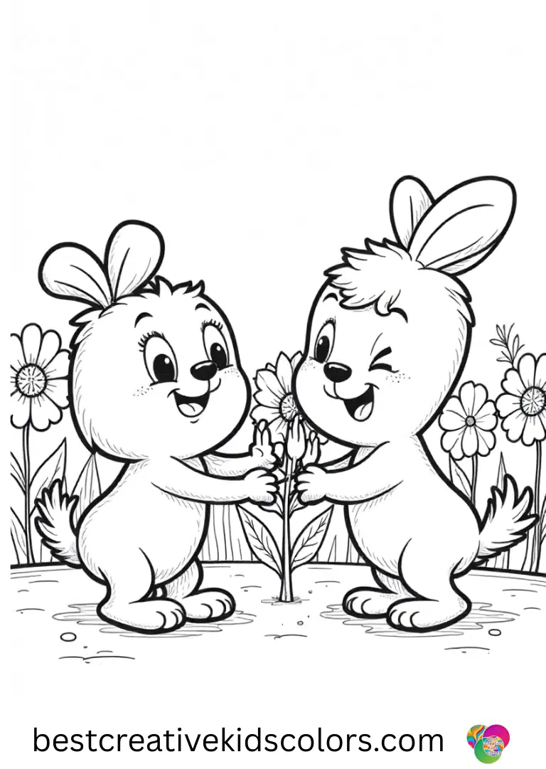 Outline bluey and bingo outline drawing pdf shows the sisters nudging small paper flowers into a row.