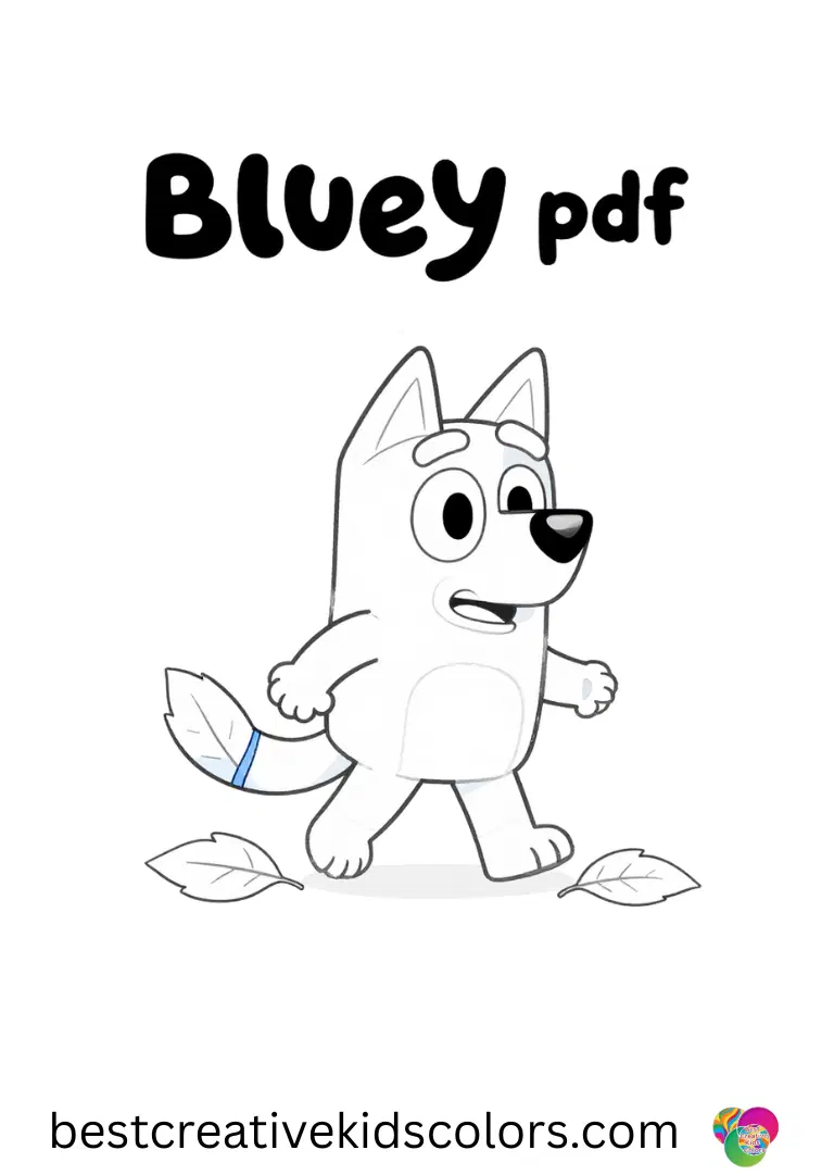 Bluey tiptoes across a line of soft paper leaves in Outline of bluey pdf, exploring carefully.