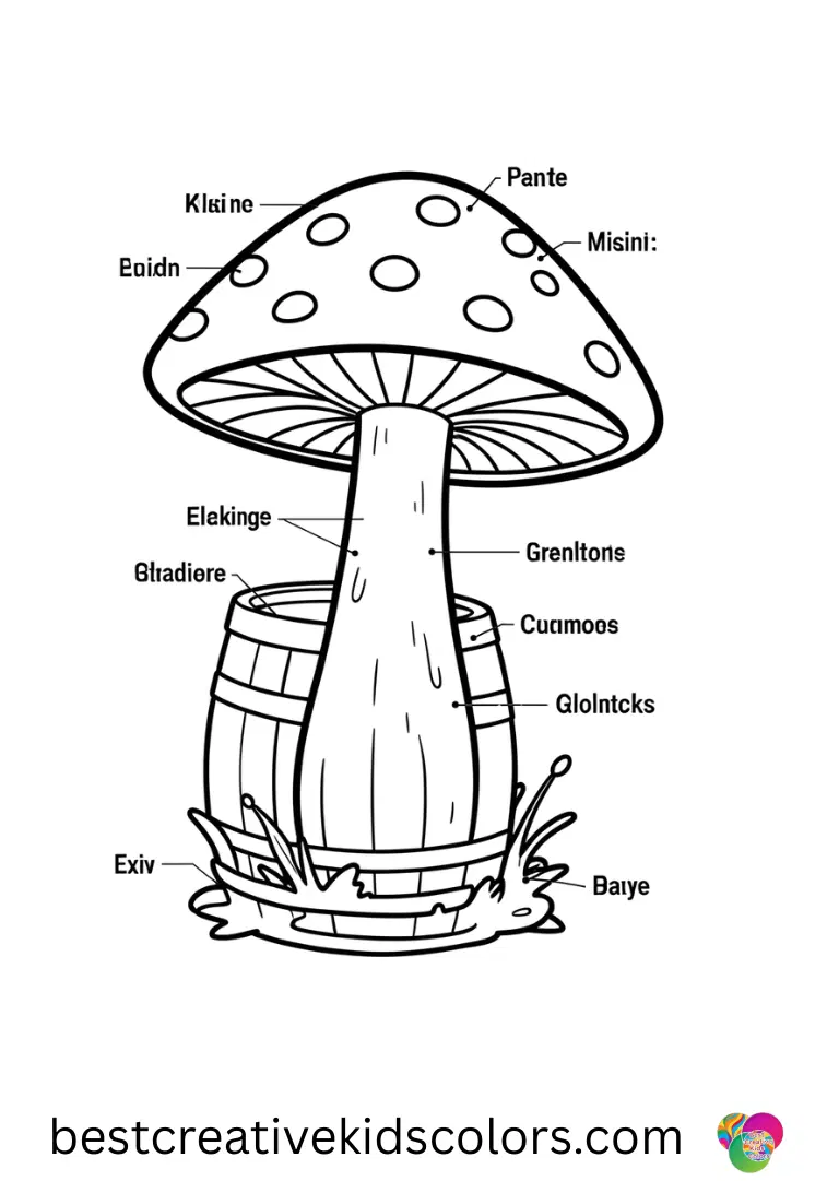 Parts of a mushroom and their functions diagram shows a mushroom with glowing pollen spheres around it.