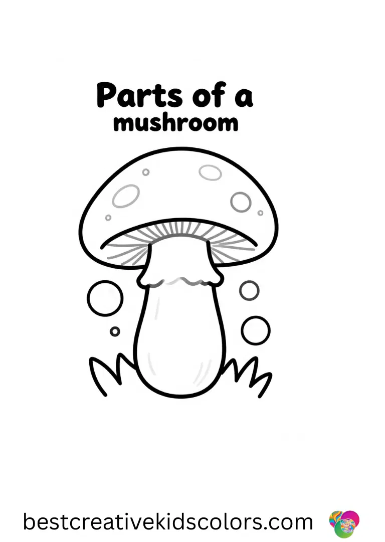 Parts of a mushroom diagram shows a mushroom with tiny floating orbs hovering at its base.