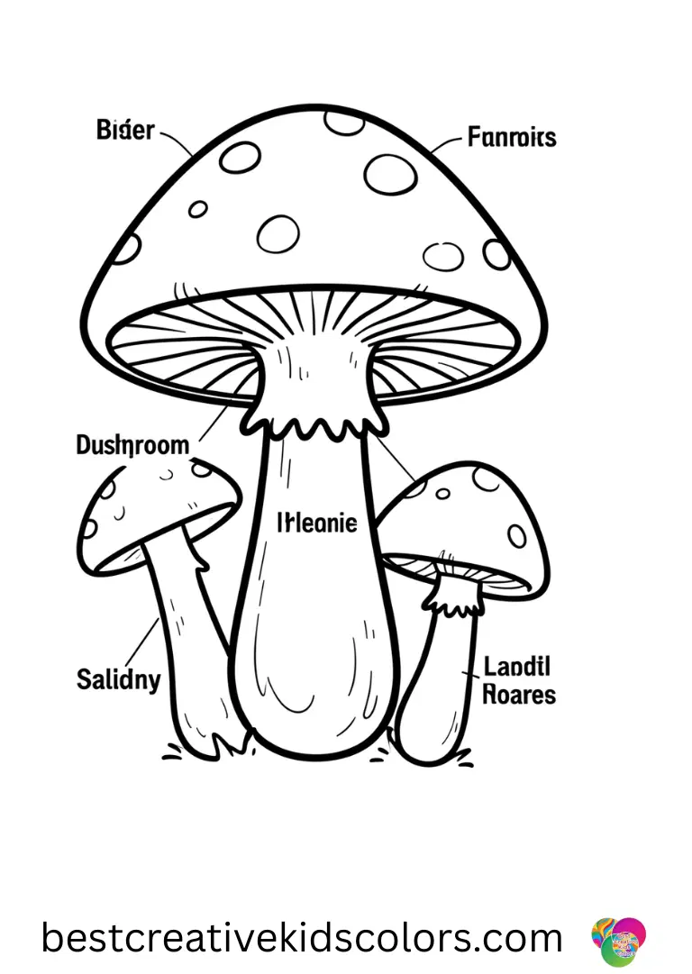 Parts of a mushroom labeled displays a mushroom with a glowing crystal perched above the cap.