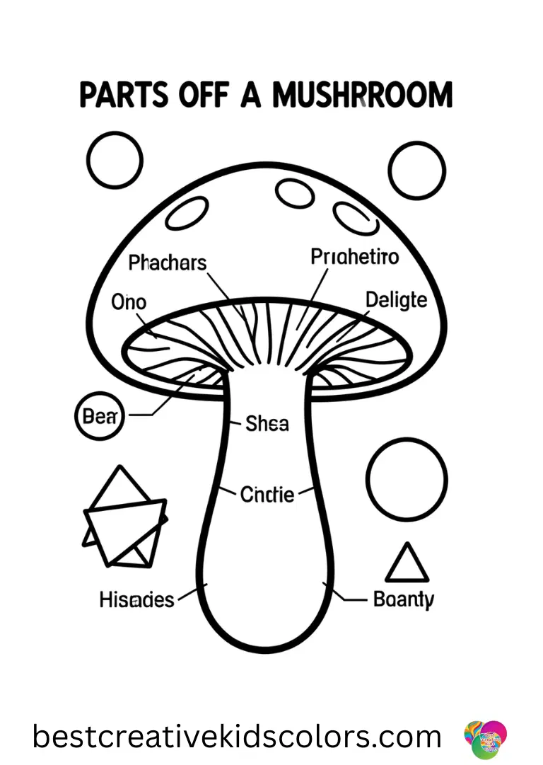Parts of a mushroom worksheet depicts a mushroom with small floating geometric shapes around it.