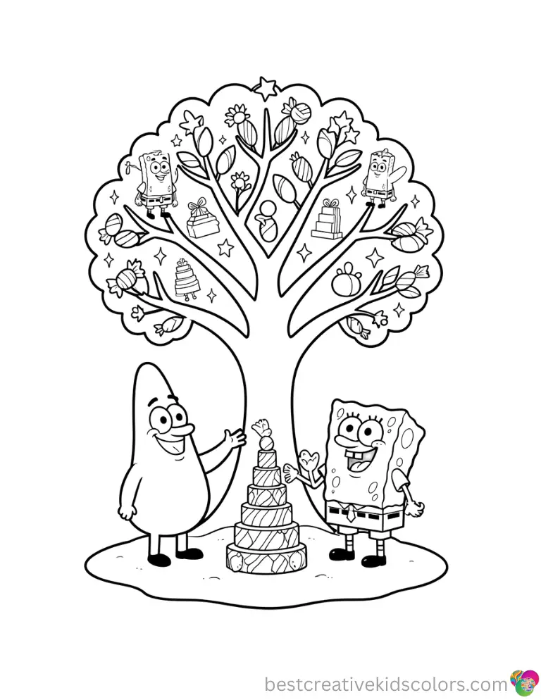 Patrick family tree SpongeBob captures Patrick and SpongeBob stacking tiny candy towers on sand.