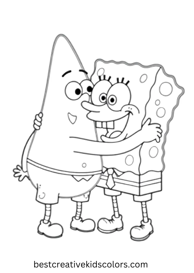 Patrick hugs SpongeBob tightly, spreading friendship and smiles in this happy drawing.