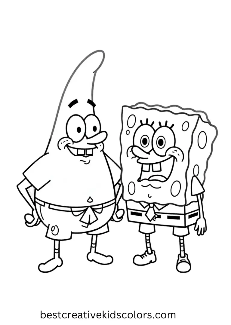 Patrick makes a goofy face while SpongeBob giggles beside him, easy and fun to color.