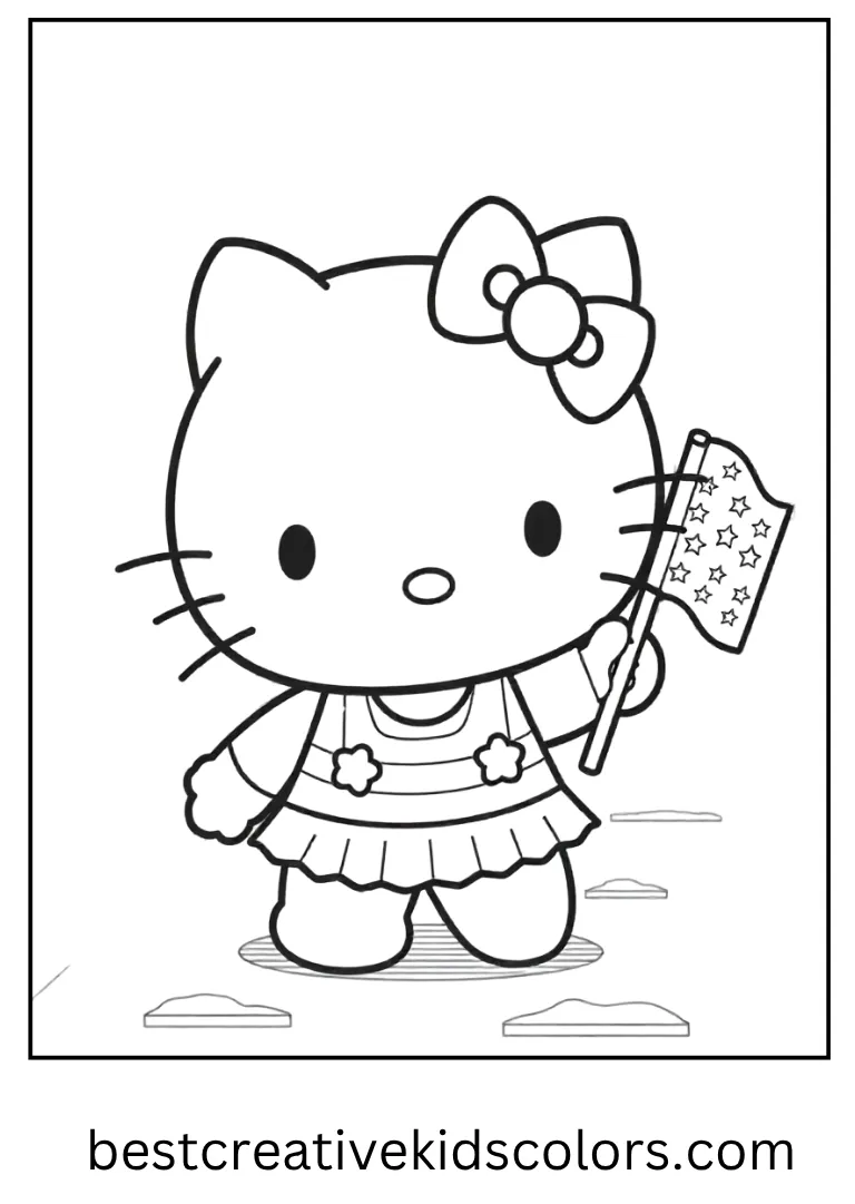Patriotic Parade Hello Kitty Coloring Page Kitty waves a small flag while enjoying a bright holiday parade.