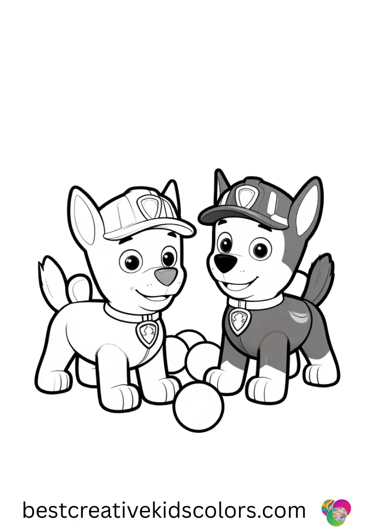 Pups play gently near a pile of colorful balls in Paw Patrol Coloring Book.