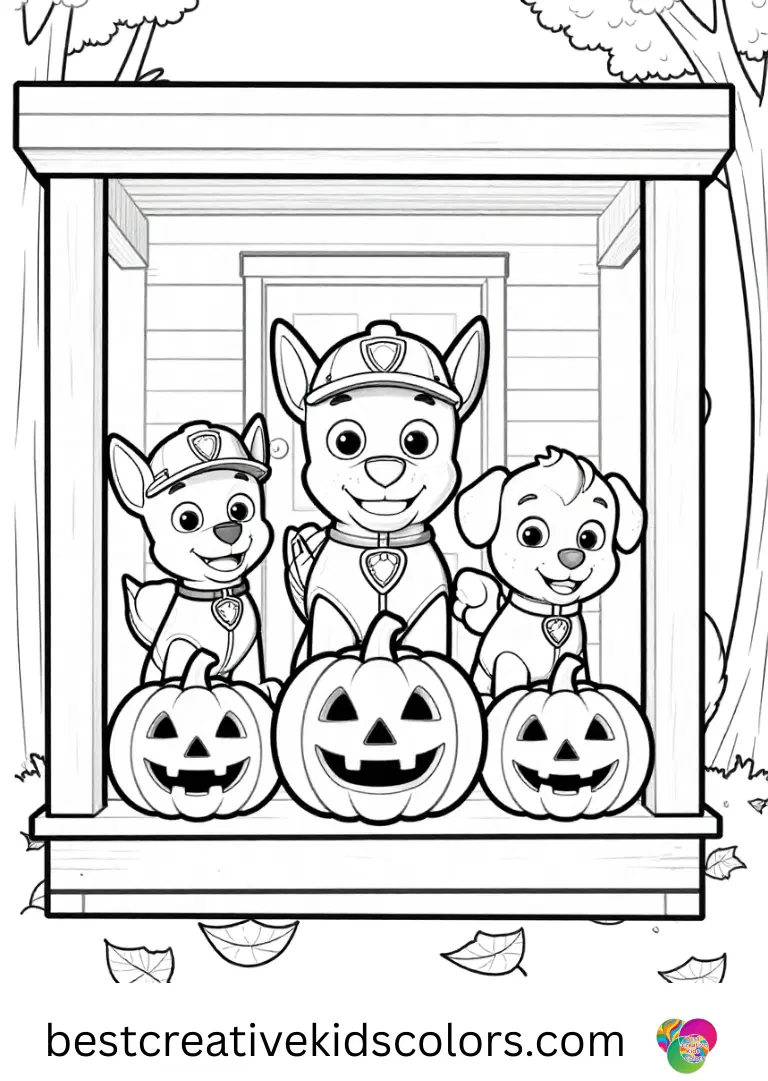 Pups arrange carved pumpkins on a porch in Paw Patrol Coloring pages Halloween.