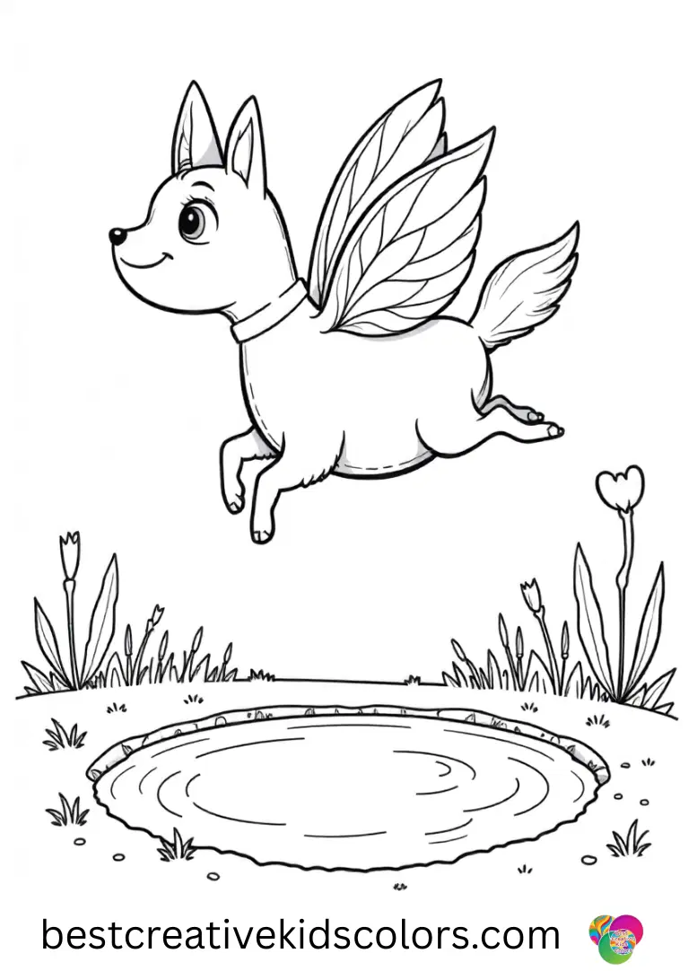 Skye hovers above a tiny pond reflecting sunlight in Paw Patrol Coloring pages Skye.
