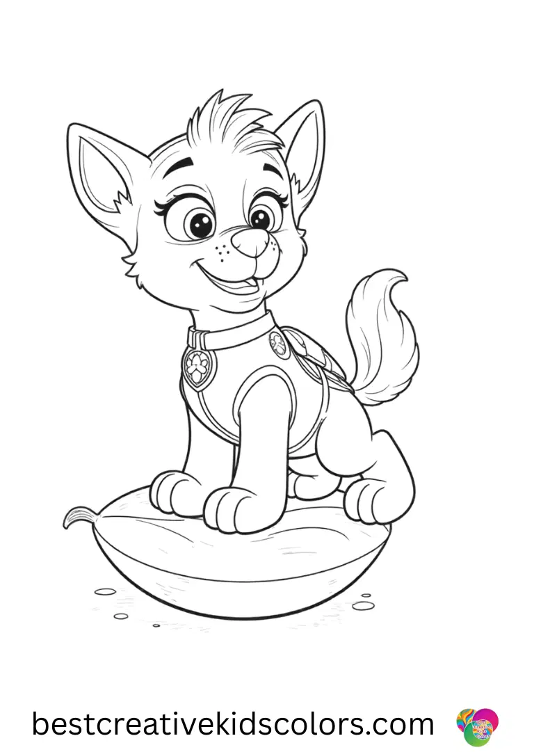 Coral nudges a soft leaf while balancing gently in Paw Patrol Coral coloring Page.