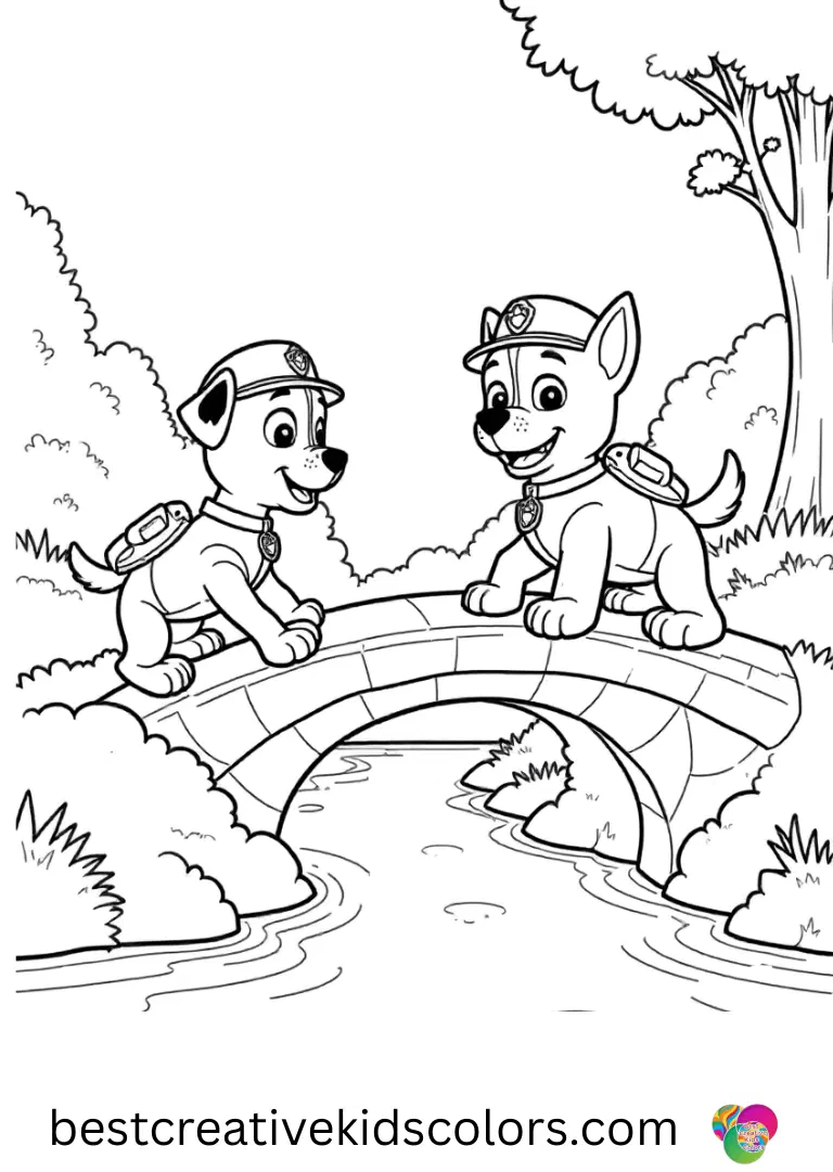 Pups test a tiny bridge over a calm stream in Paw Patrol coloring book printable.