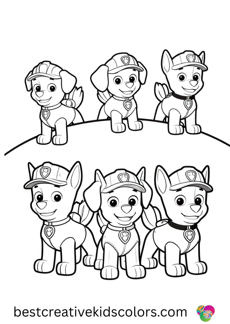 Pups explore a gently sloping hill with soft shadows in Paw Patrol coloring online.