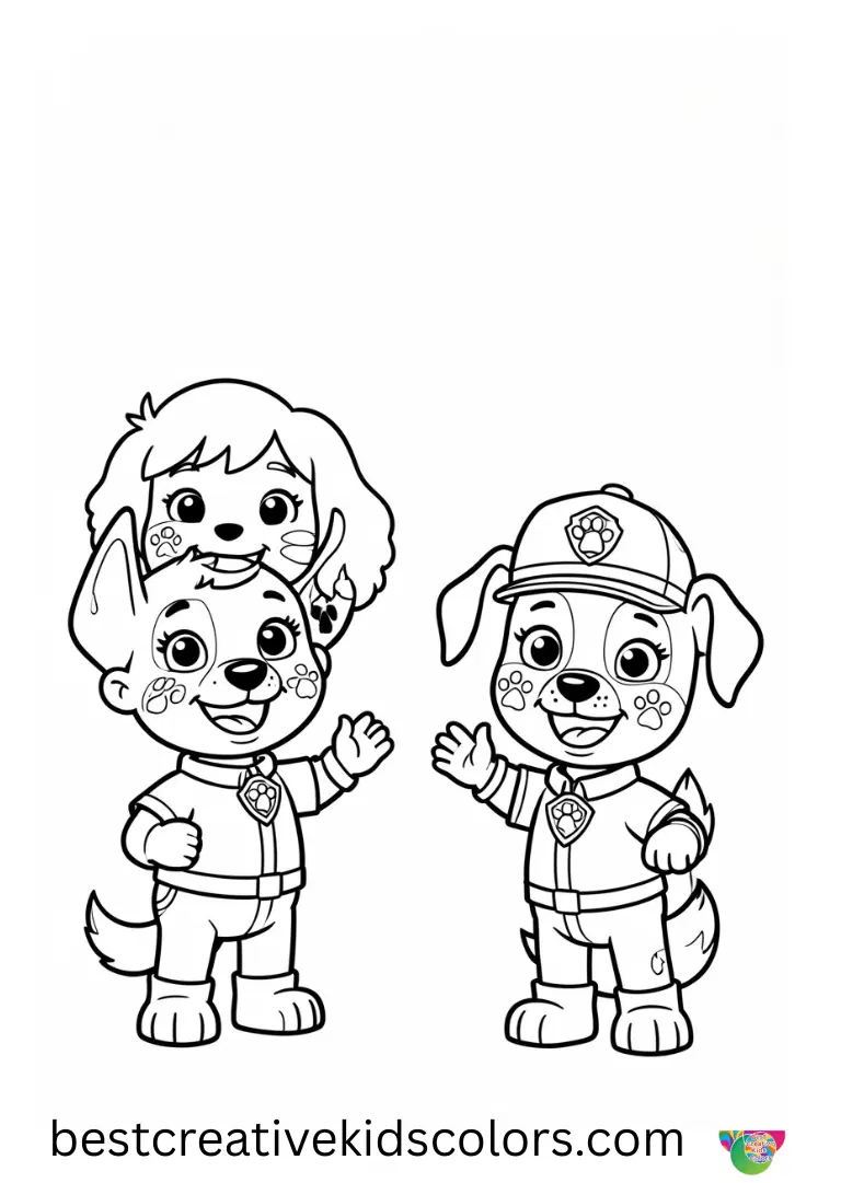 Children smile while following Paw Patrol face paint easy, adding puppy-themed dots and swirls.