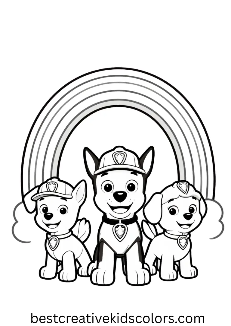 A small rainbow arches over smiling pups in Paw Patrol pictures to print free, making the scene cheerful
