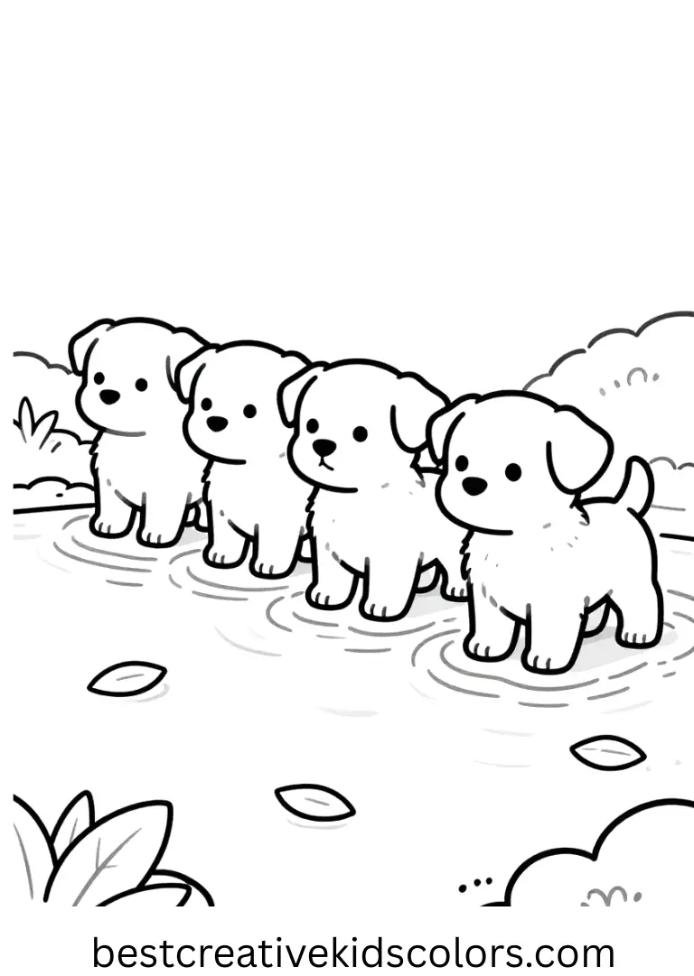 Pups line up by a calm river, watching floating leaves in Paw Patrol printables PDF.