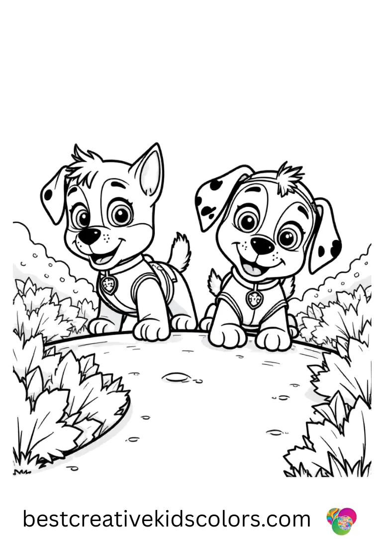 Pups peek around a gentle curve of a garden path in Paw patrol coloring pages free pdf.
