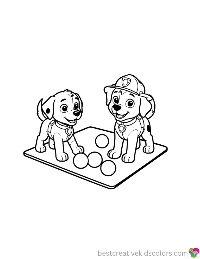Pups roll soft foam balls across a small play mat in Paw patrol coloring pages marshall pdf.