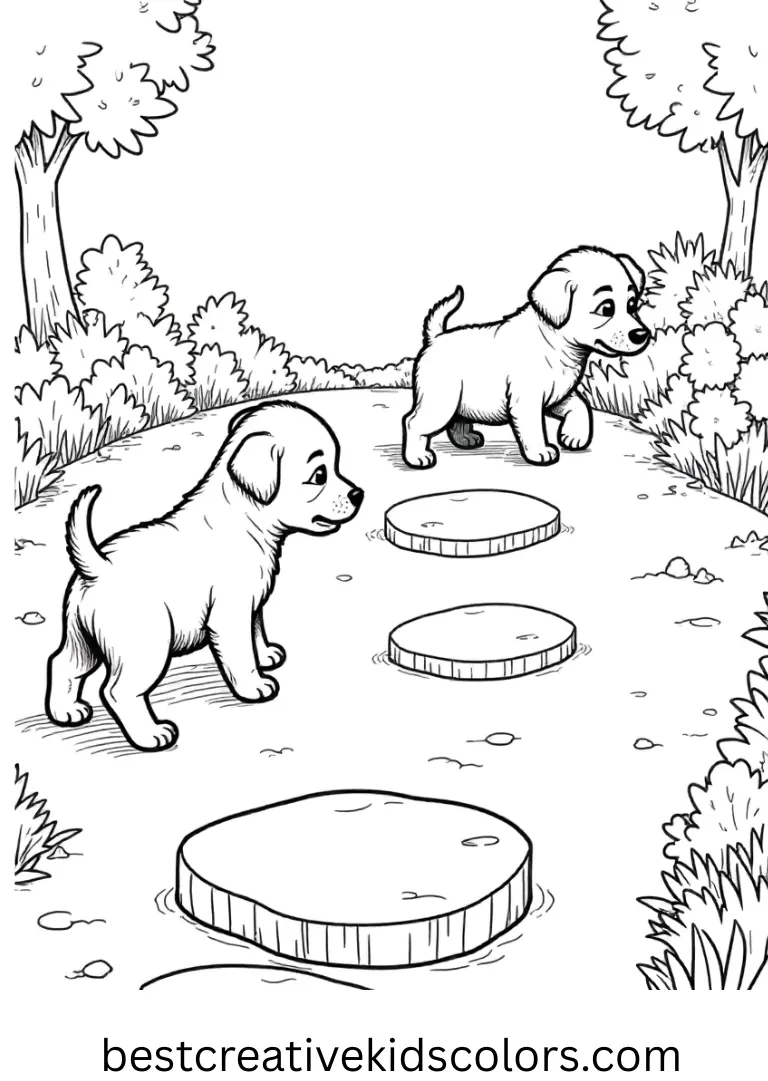 Pups walk carefully along stepping stones in a garden in Paw paw patrol coloring pages disney.