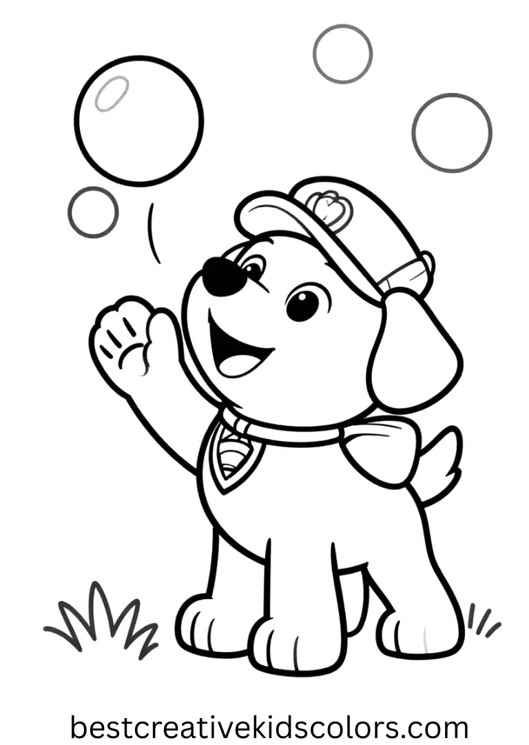 A puppy reaches for floating bubbles above the grass in Paw paw patrol coloring pages for toddlers.