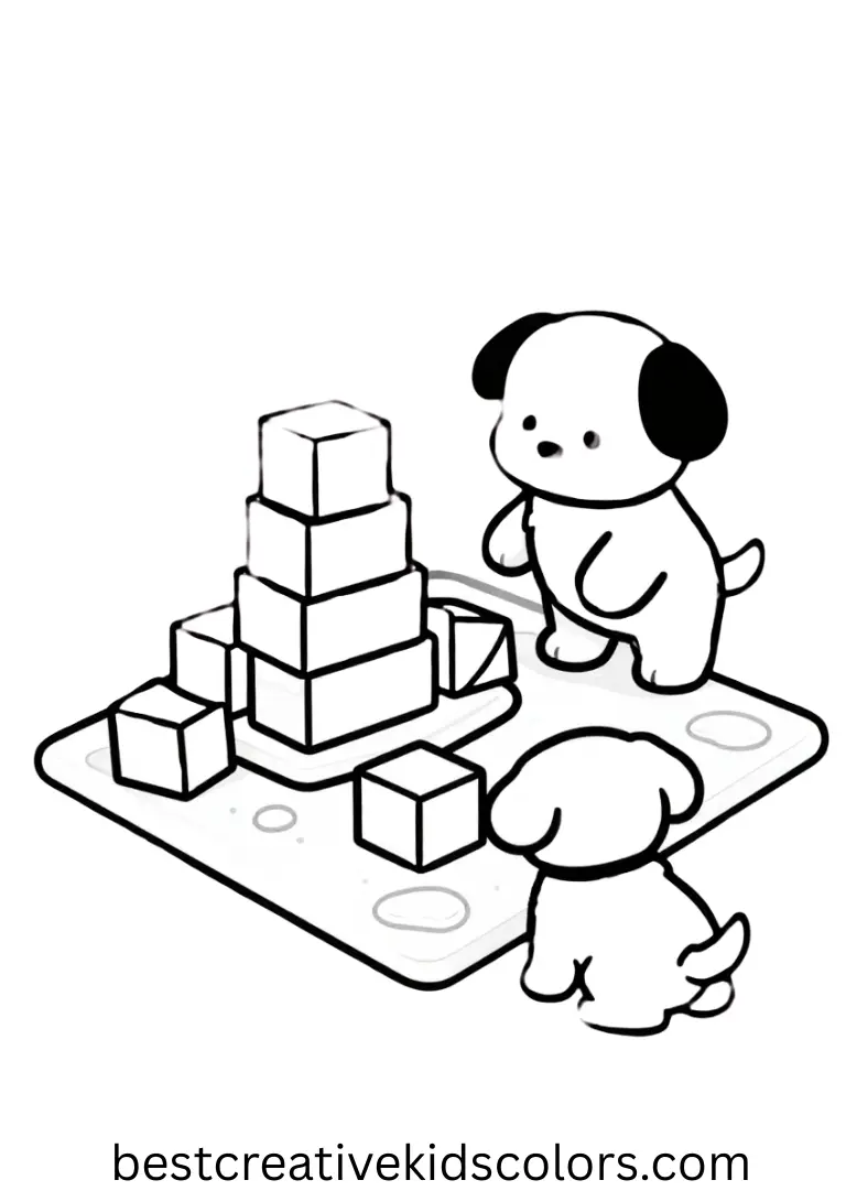 Rubble stacks toy blocks carefully on a mat while pups watch in Paw paw patrol coloring pages free.