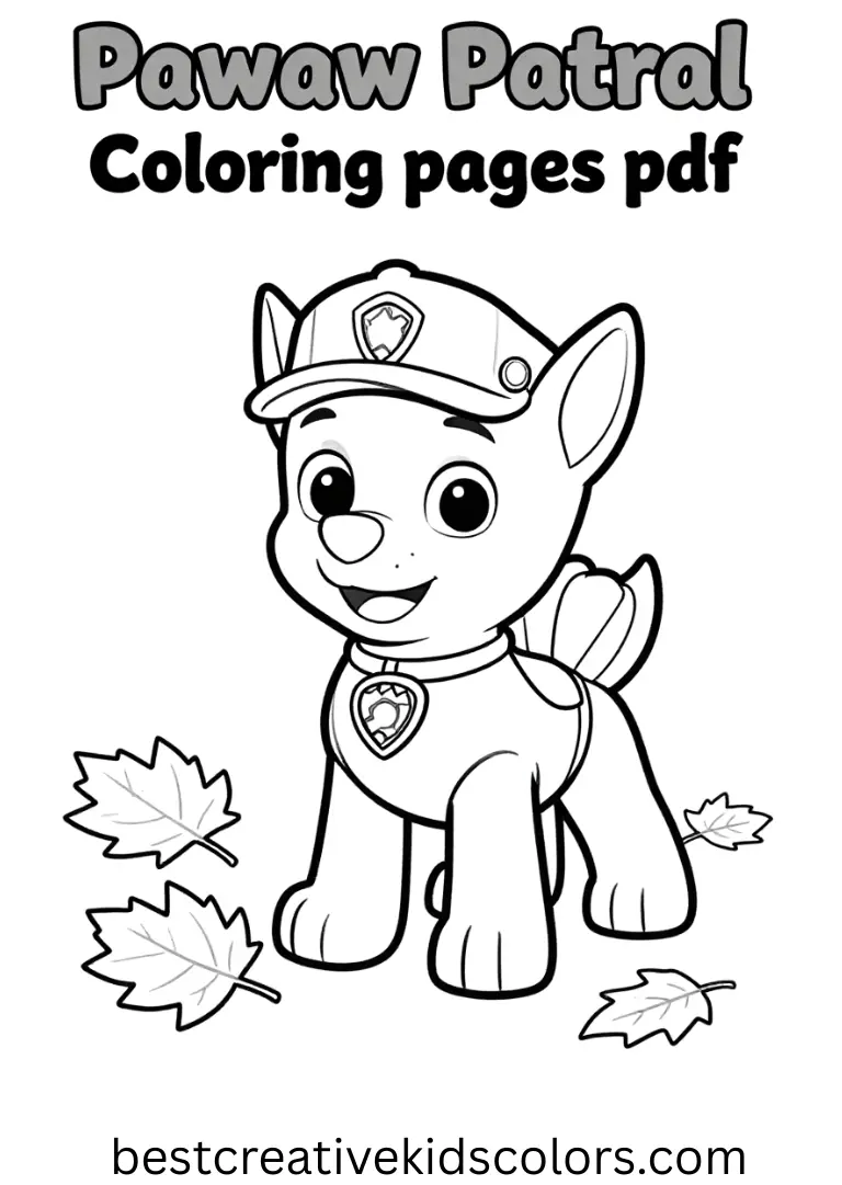 Chase sniffs hidden treasures under scattered autumn leaves in Paw paw patrol coloring pages pdf.